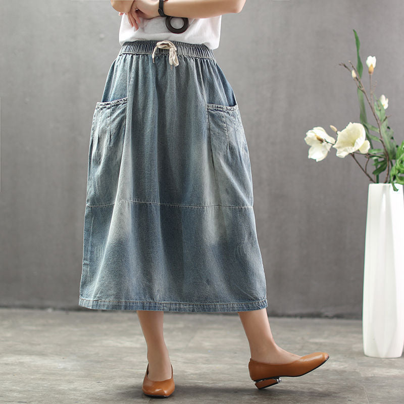 All-match Denim Skirts Are Thin, Big Pockets, Mid-length Women's Skirts, And A-line Skirts