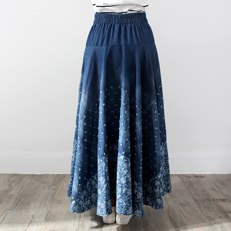 Denim Skirt, Half-length, Large-length Skirt, Printed High-waisted Skirt