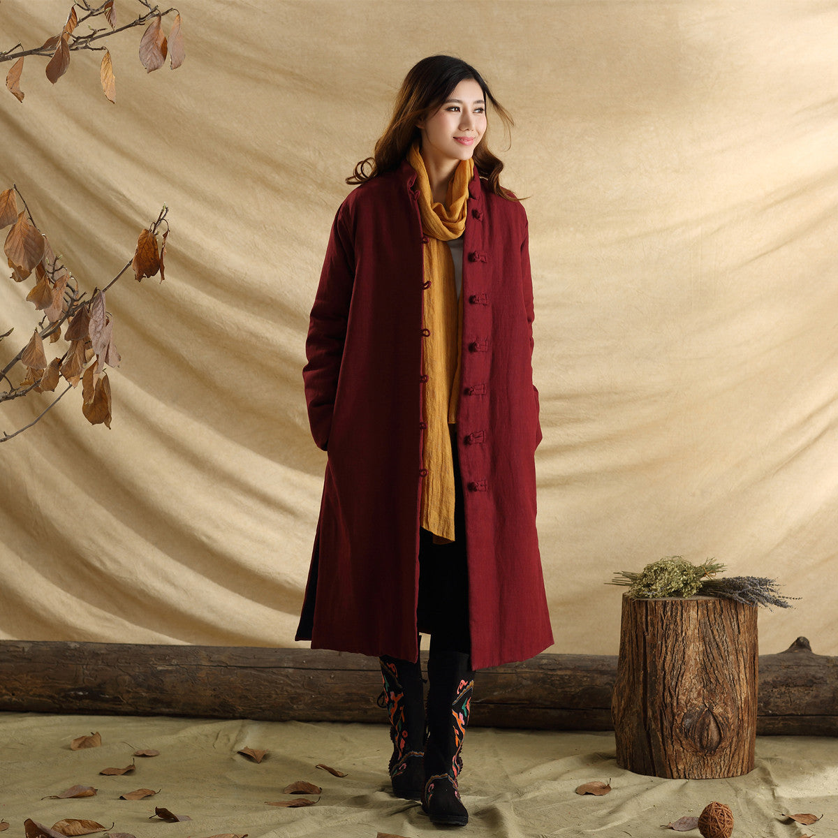 National Style Stand-Up Collar Single-Breasted Warm Long Cotton Coat