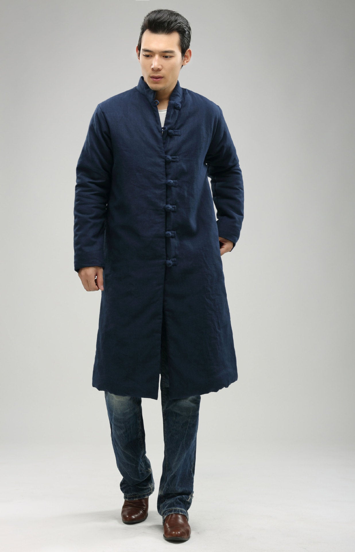 National Style Stand-Up Collar Single-Breasted Warm Long Cotton Coat