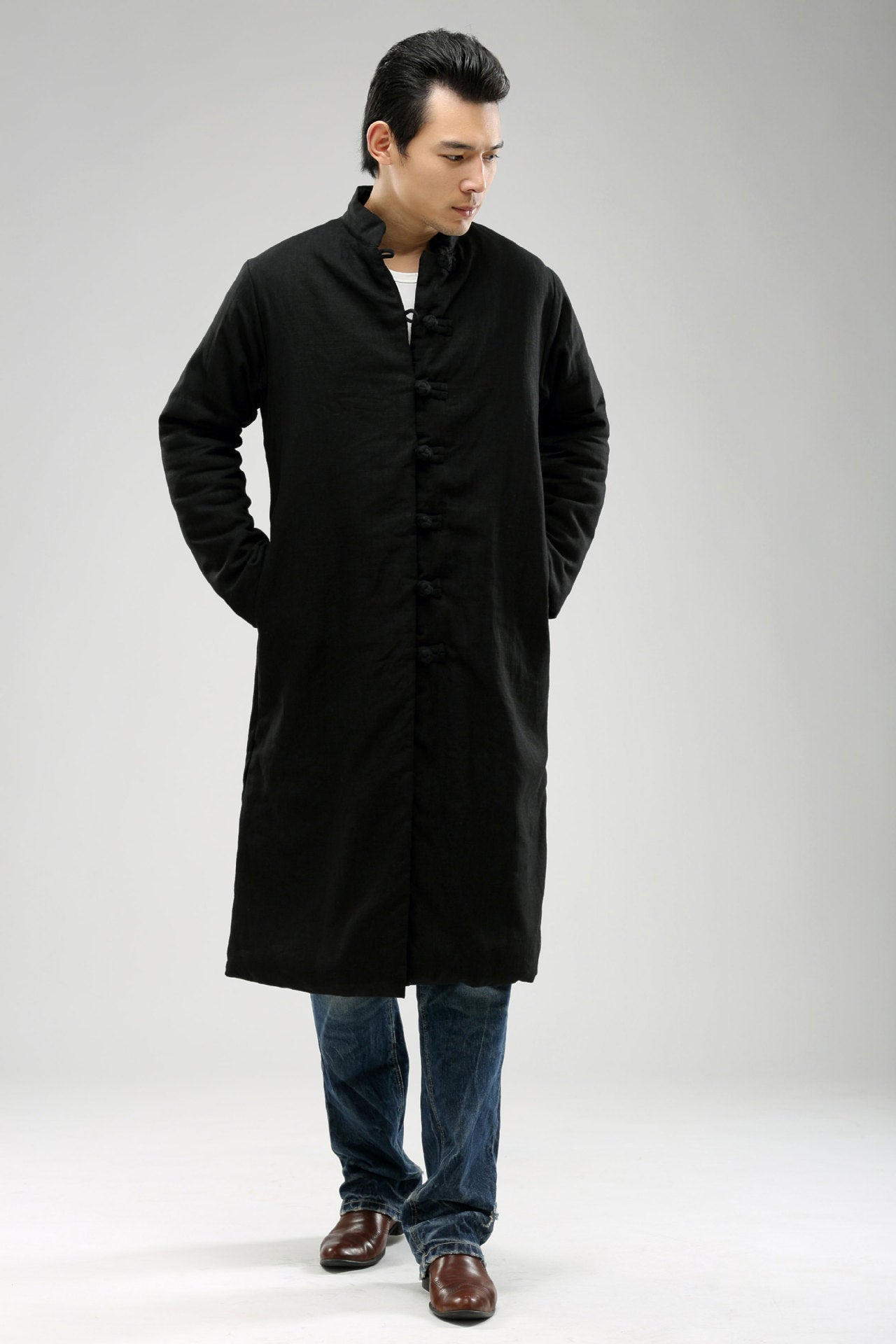 National Style Stand-Up Collar Single-Breasted Warm Long Cotton Coat