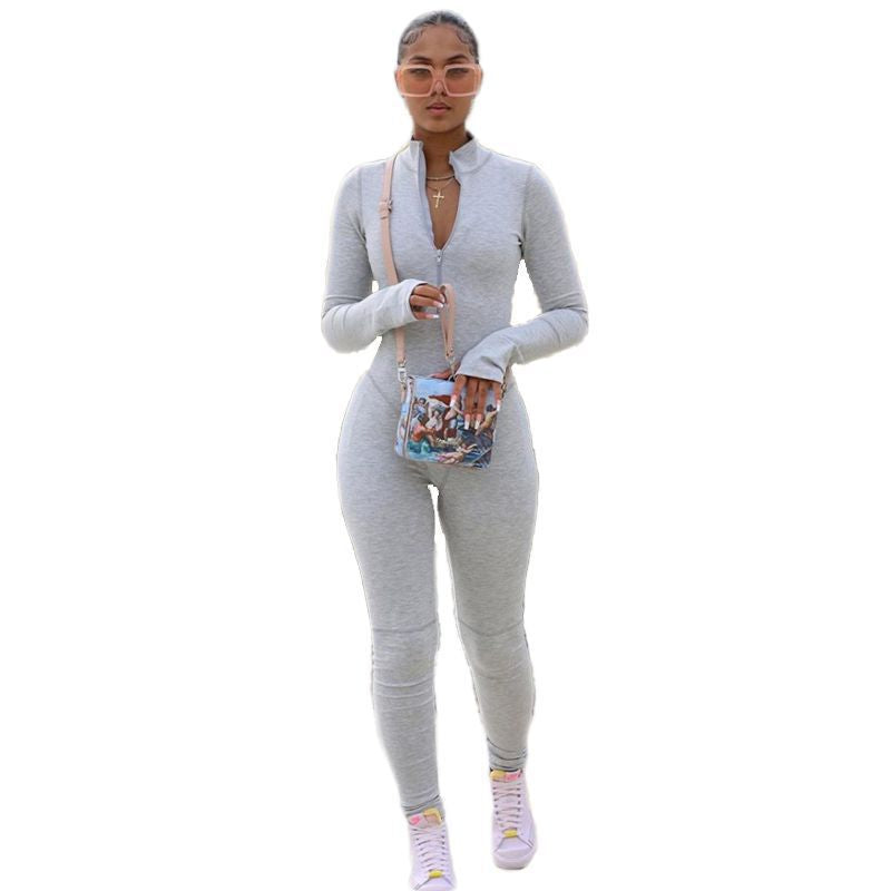 Fashion stand-up collar sexy tight-fitting high-waist sports jumpsuit