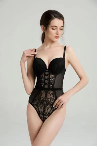 European And American Sexy Lace Embroidered Micro-Sculpting One-Piece Underwear Sexy Lace Steel Ring Gathered One-Piece Cup