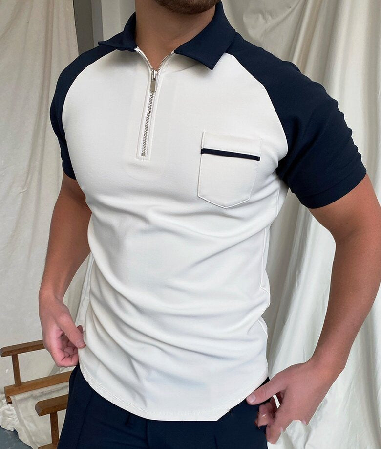 New Style POLO Shirt Zipper Color Matching Men's T Shirt Top