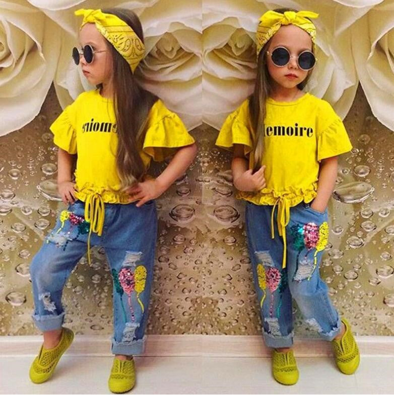 Girls Clothing Cotton Yellow Letter T-Shirt Jeans Suit