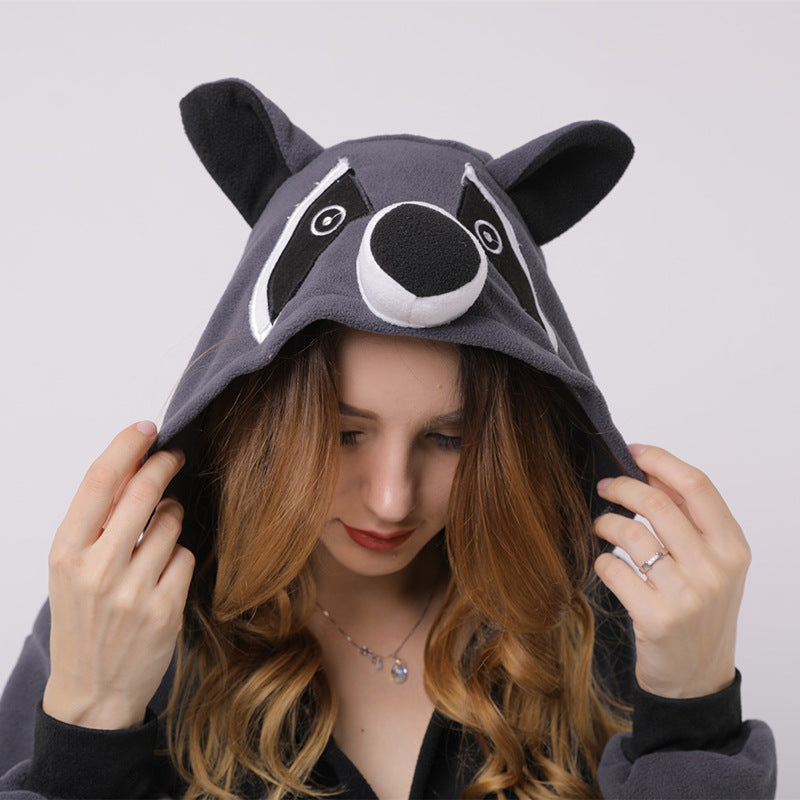 Raccoon cartoon animal one-piece pajamas polar fleece material