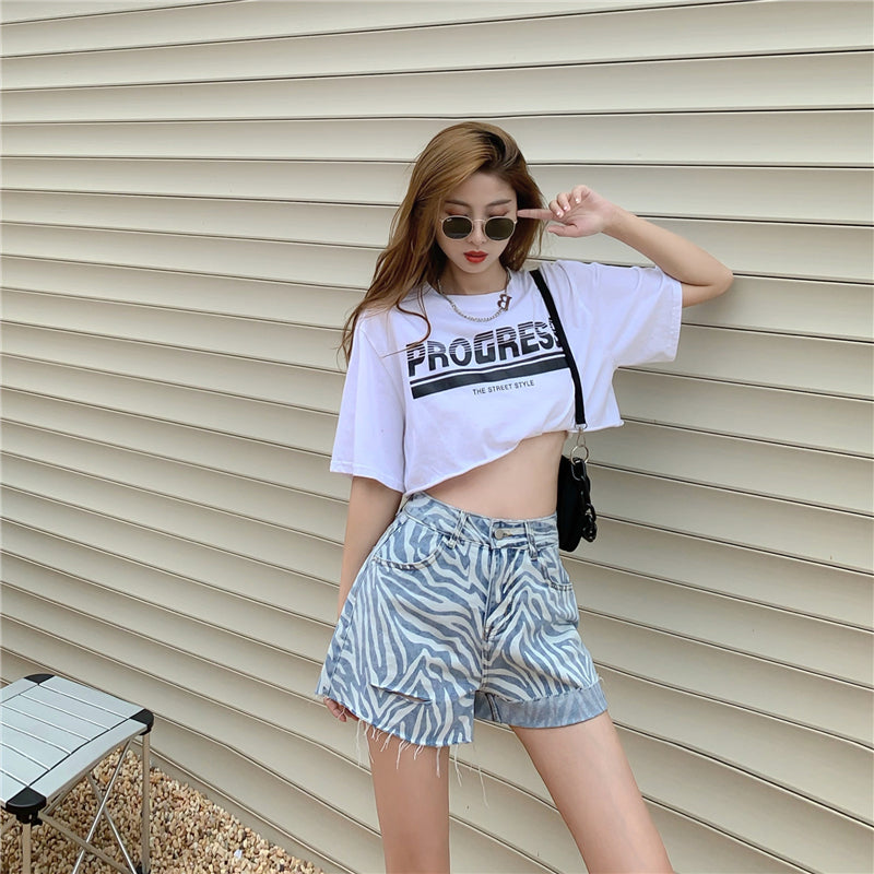 Jeans Women''S High Waisted Slim Loose Straight Shorts Summer Zebra Grain Slim Wide Leg Pants