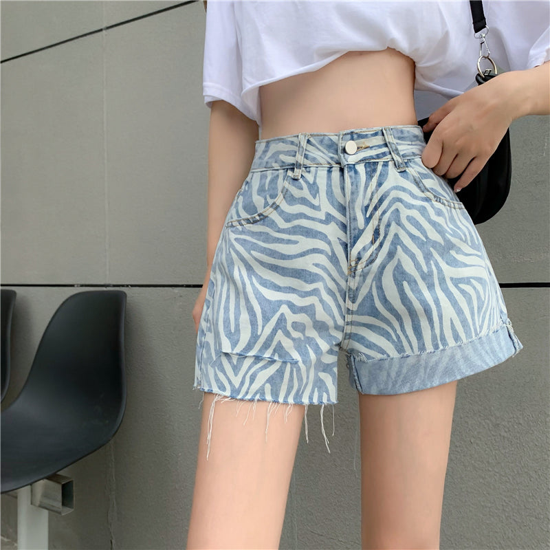 Jeans Women''S High Waisted Slim Loose Straight Shorts Summer Zebra Grain Slim Wide Leg Pants