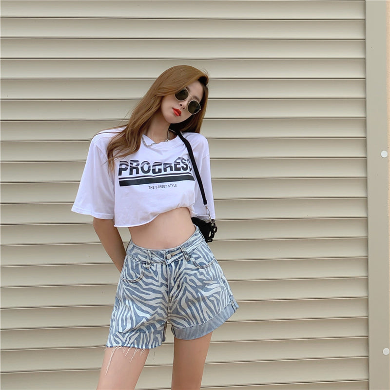 Jeans Women''S High Waisted Slim Loose Straight Shorts Summer Zebra Grain Slim Wide Leg Pants