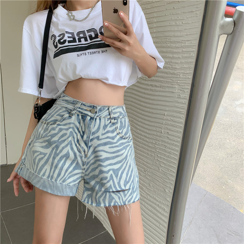 Jeans Women''S High Waisted Slim Loose Straight Shorts Summer Zebra Grain Slim Wide Leg Pants