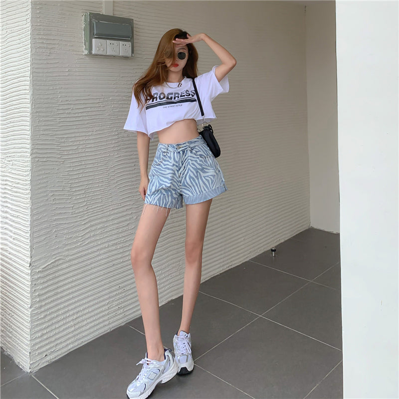 Jeans Women''S High Waisted Slim Loose Straight Shorts Summer Zebra Grain Slim Wide Leg Pants