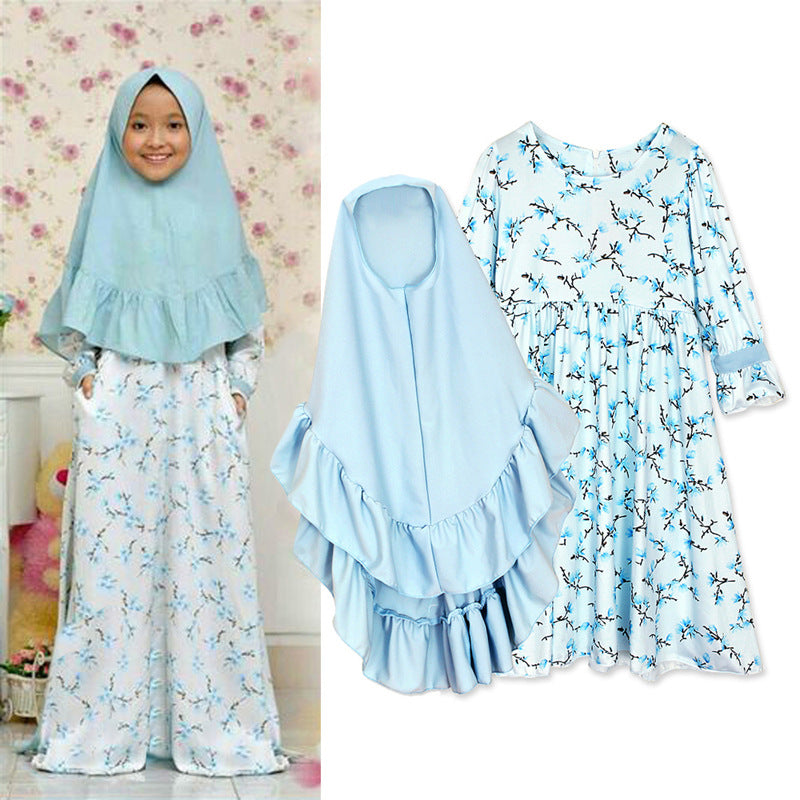 Girls Arab Clothing Spring And Autumn Models, Long-Sleeved Floral Muslim Long Dress  And Turban Two-Piece Suit