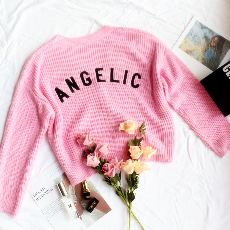 Angel Embroidery Loose Knit Sweater Coat Button Sweater Women