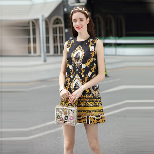 Fashion New European And American High-End Custom Luxury Diamond-Studded And Beaded Virgin Printed Vest Dress