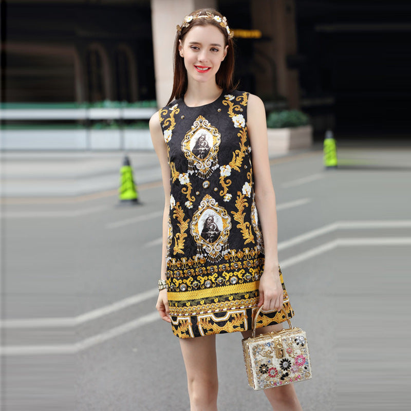 Fashion New European And American High-End Custom Luxury Diamond-Studded And Beaded Virgin Printed Vest Dress