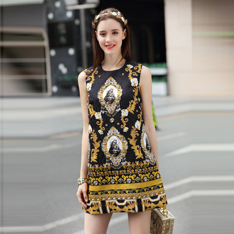 Fashion New European And American High-End Custom Luxury Diamond-Studded And Beaded Virgin Printed Vest Dress