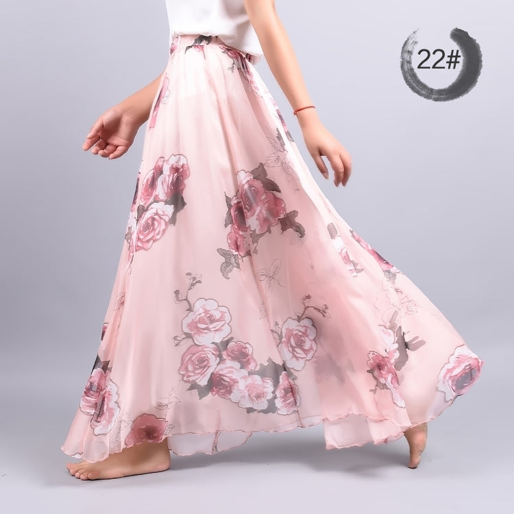 Bohemian Printed Chiffon Mid-Length Skirt, Floral Skirt, A-Line Skirt, Large Swing Female Skirt, Beach Long Skirt