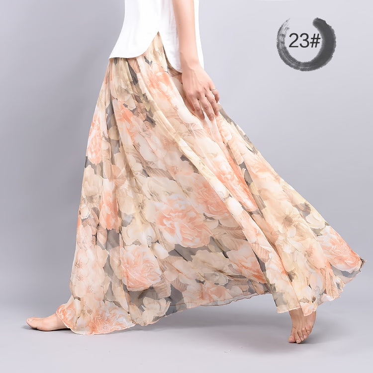 Bohemian Printed Chiffon Mid-Length Skirt, Floral Skirt, A-Line Skirt, Large Swing Female Skirt, Beach Long Skirt