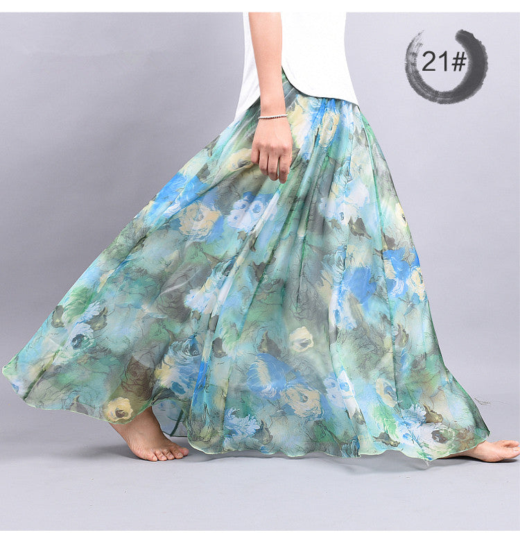 Bohemian Printed Chiffon Mid-Length Skirt, Floral Skirt, A-Line Skirt, Large Swing Female Skirt, Beach Long Skirt