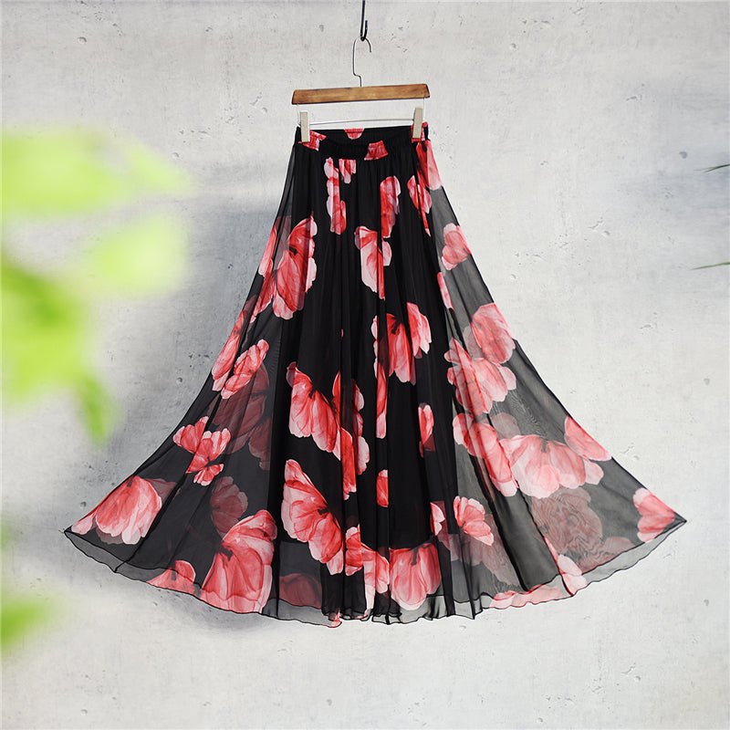 Bohemian Printed Chiffon Mid-Length Skirt, Floral Skirt, A-Line Skirt, Large Swing Female Skirt, Beach Long Skirt