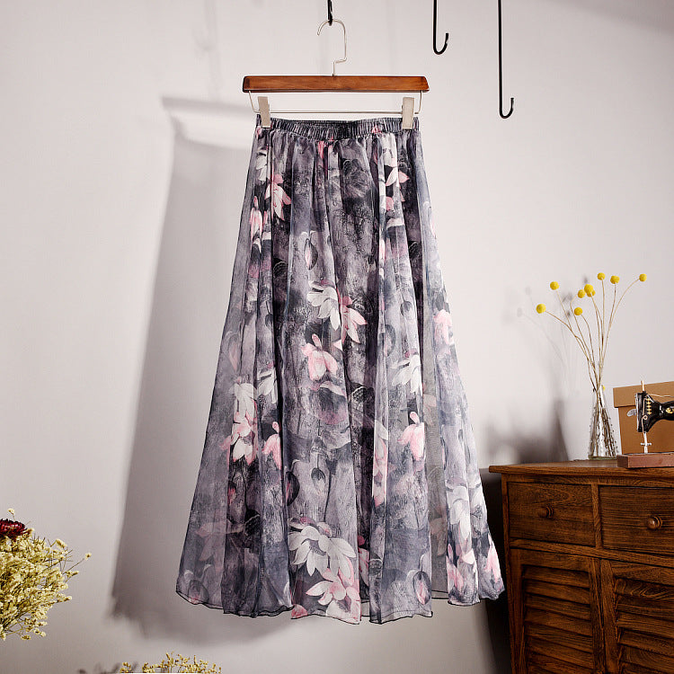 Bohemian Printed Chiffon Mid-Length Skirt, Floral Skirt, A-Line Skirt, Large Swing Female Skirt, Beach Long Skirt