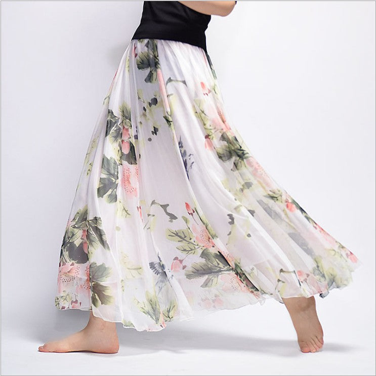 Bohemian Printed Chiffon Mid-Length Skirt, Floral Skirt, A-Line Skirt, Large Swing Female Skirt, Beach Long Skirt