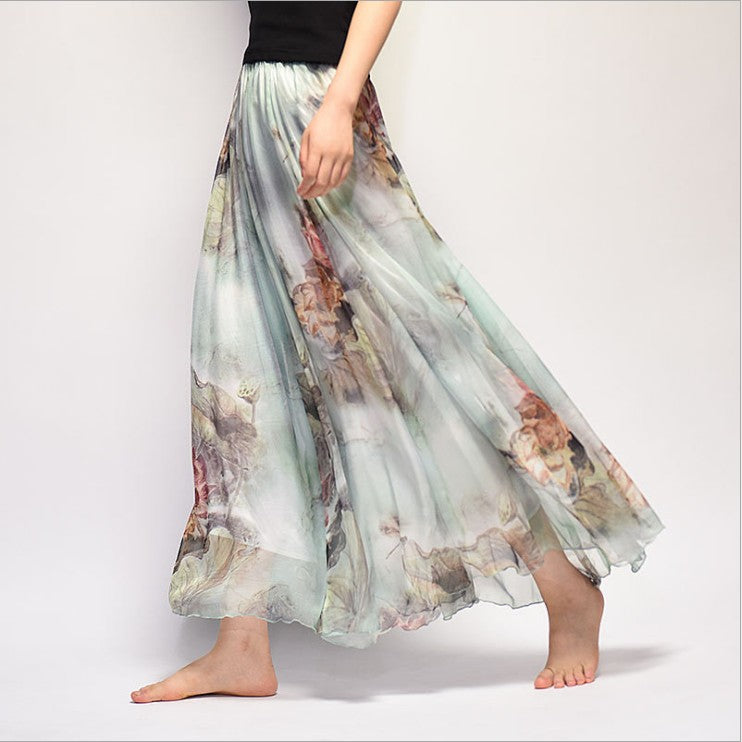 Bohemian Printed Chiffon Mid-Length Skirt, Floral Skirt, A-Line Skirt, Large Swing Female Skirt, Beach Long Skirt