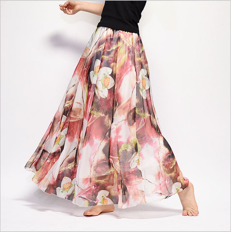 Bohemian Printed Chiffon Mid-Length Skirt, Floral Skirt, A-Line Skirt, Large Swing Female Skirt, Beach Long Skirt