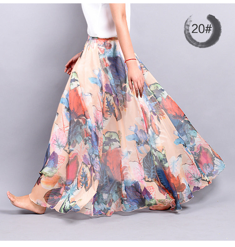 Bohemian Printed Chiffon Mid-Length Skirt, Floral Skirt, A-Line Skirt, Large Swing Female Skirt, Beach Long Skirt