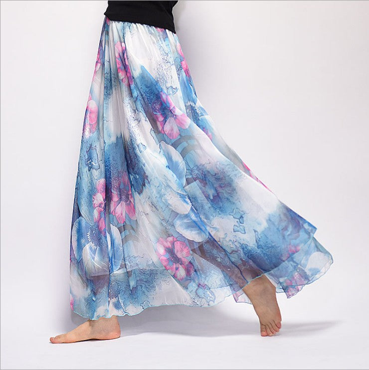 Bohemian Printed Chiffon Mid-Length Skirt, Floral Skirt, A-Line Skirt, Large Swing Female Skirt, Beach Long Skirt