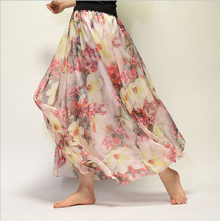 Bohemian Printed Chiffon Mid-Length Skirt, Floral Skirt, A-Line Skirt, Large Swing Female Skirt, Beach Long Skirt