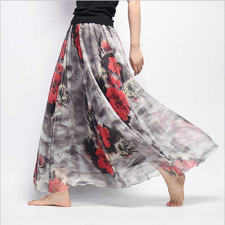 Bohemian Printed Chiffon Mid-Length Skirt, Floral Skirt, A-Line Skirt, Large Swing Female Skirt, Beach Long Skirt