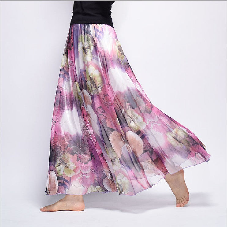 Bohemian Printed Chiffon Mid-Length Skirt, Floral Skirt, A-Line Skirt, Large Swing Female Skirt, Beach Long Skirt