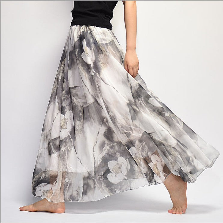 Bohemian Printed Chiffon Mid-Length Skirt, Floral Skirt, A-Line Skirt, Large Swing Female Skirt, Beach Long Skirt