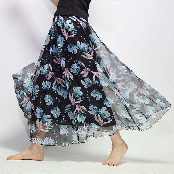 Bohemian Printed Chiffon Mid-Length Skirt, Floral Skirt, A-Line Skirt, Large Swing Female Skirt, Beach Long Skirt