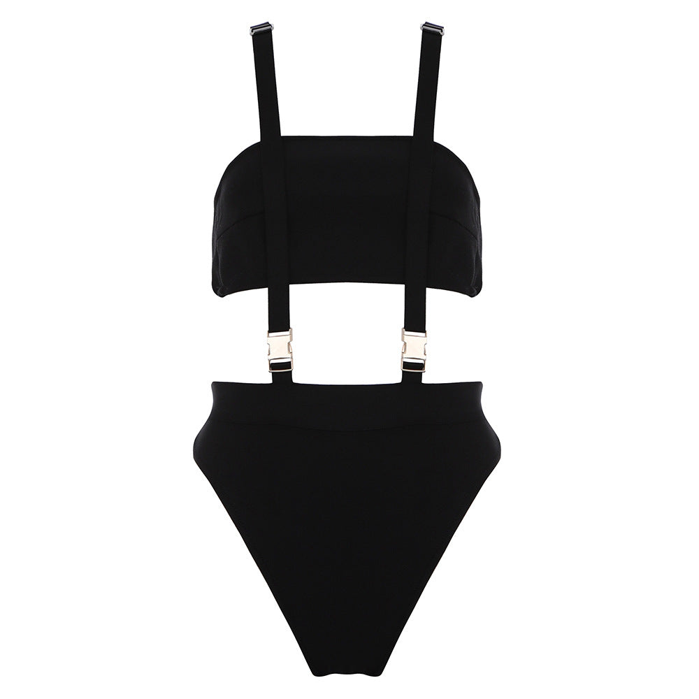 Summer High Waist Sexy Solid Black Hollow Out Swimming Suit For Woman Two Piece Bikinis Swimwear