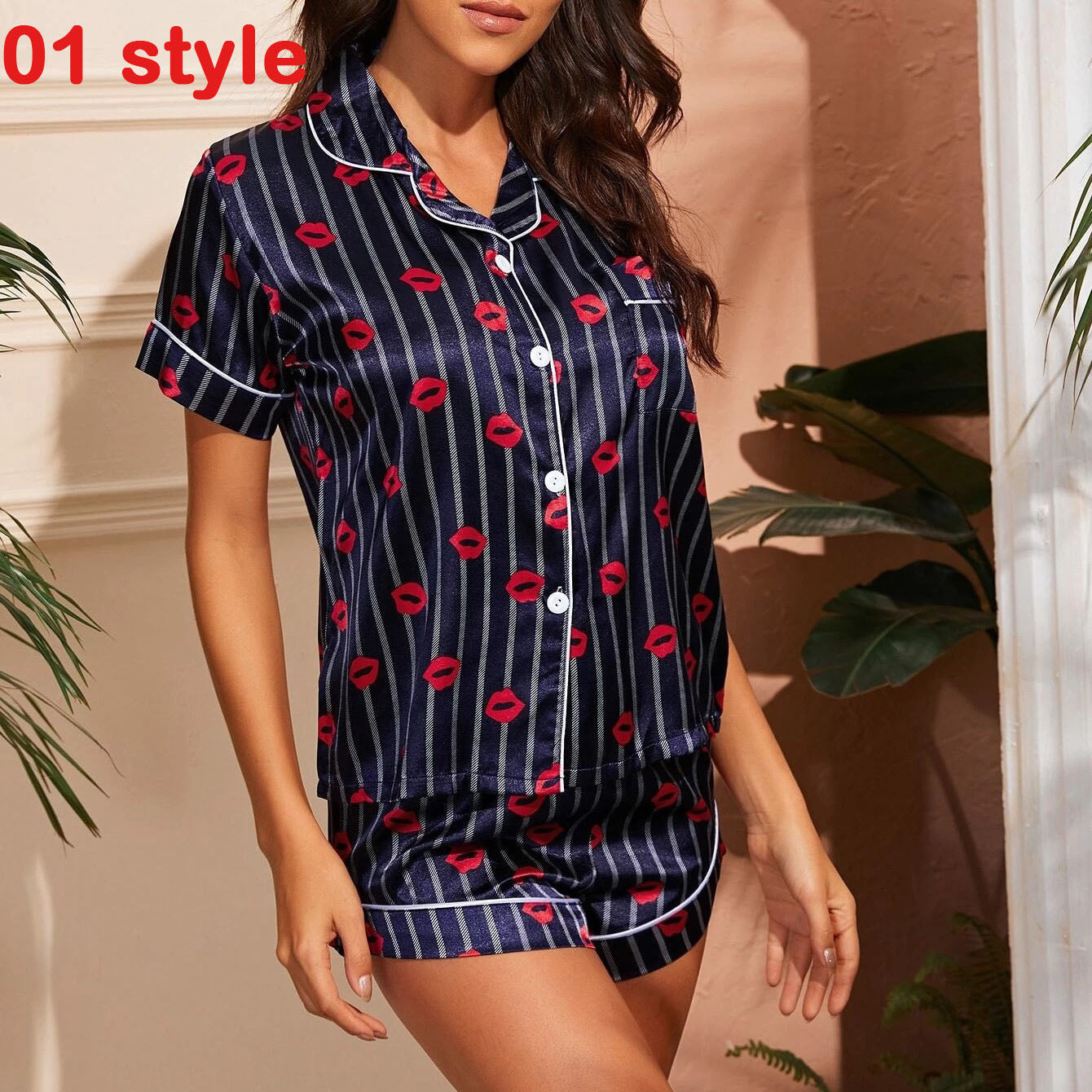 Women Pajams Print V-Neck Stretch Lingerie Female Sleepwear Casual Shorts Set Loungewear Women