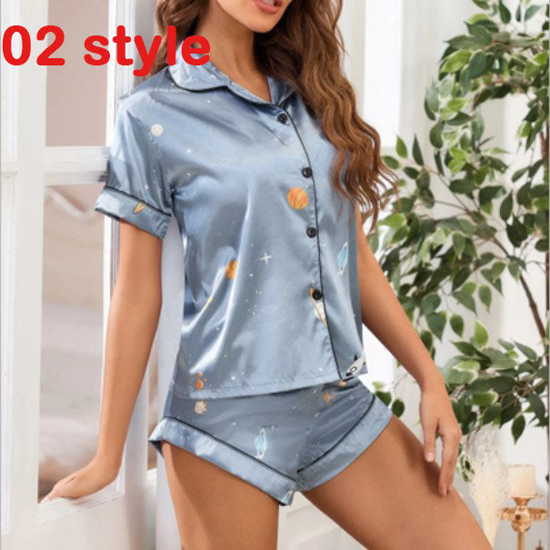 Women Pajams Print V-Neck Stretch Lingerie Female Sleepwear Casual Shorts Set Loungewear Women