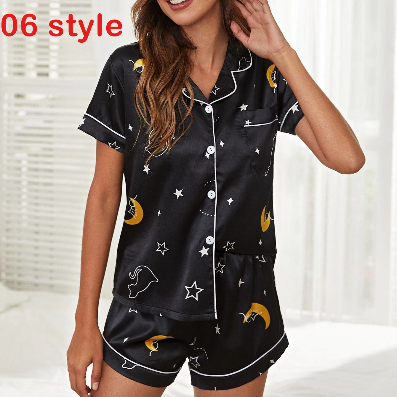 Women Pajams Print V-Neck Stretch Lingerie Female Sleepwear Casual Shorts Set Loungewear Women