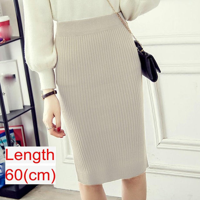 Women Office Skirt Spring Warm Knitted Pencil Skirts Ladies