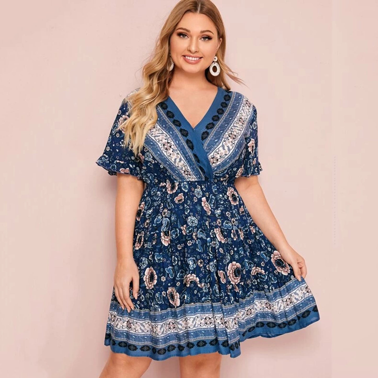 V-neck Print Plus Size Dress