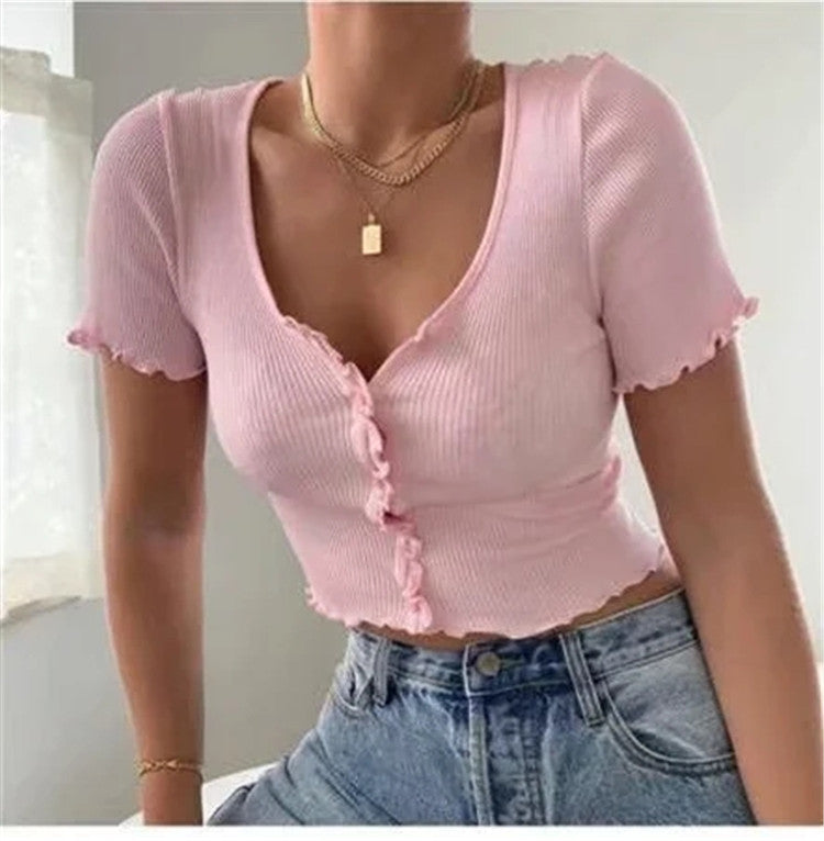 V Neck Ruffles Short Sleeve T Shirt Women Summer Casual Button Crop Top