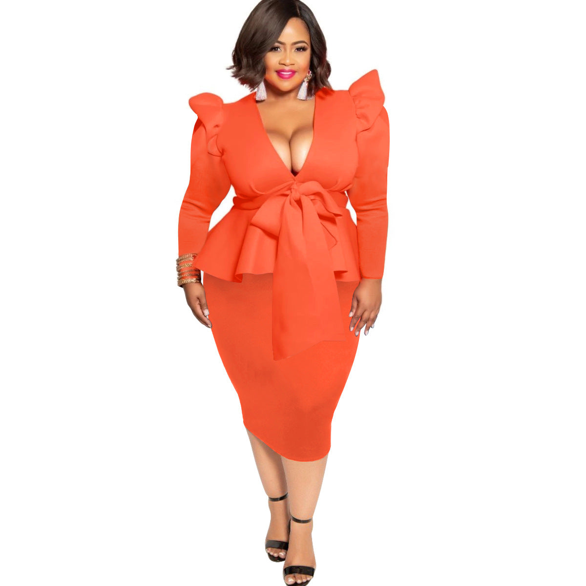 Plus Size Women's Bowknot Long Sleeve Dress