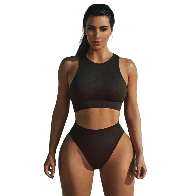 INS Female Popular Beach Wear Suits Solid Two Piece Fitness Yoga Activewear High Quality Compression Booty Short Gym Sets