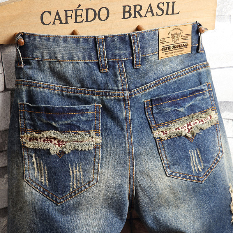 Trend big hole jeans short pants men''s summer Capris jeans pants pants beggars pants men''s Korean slim