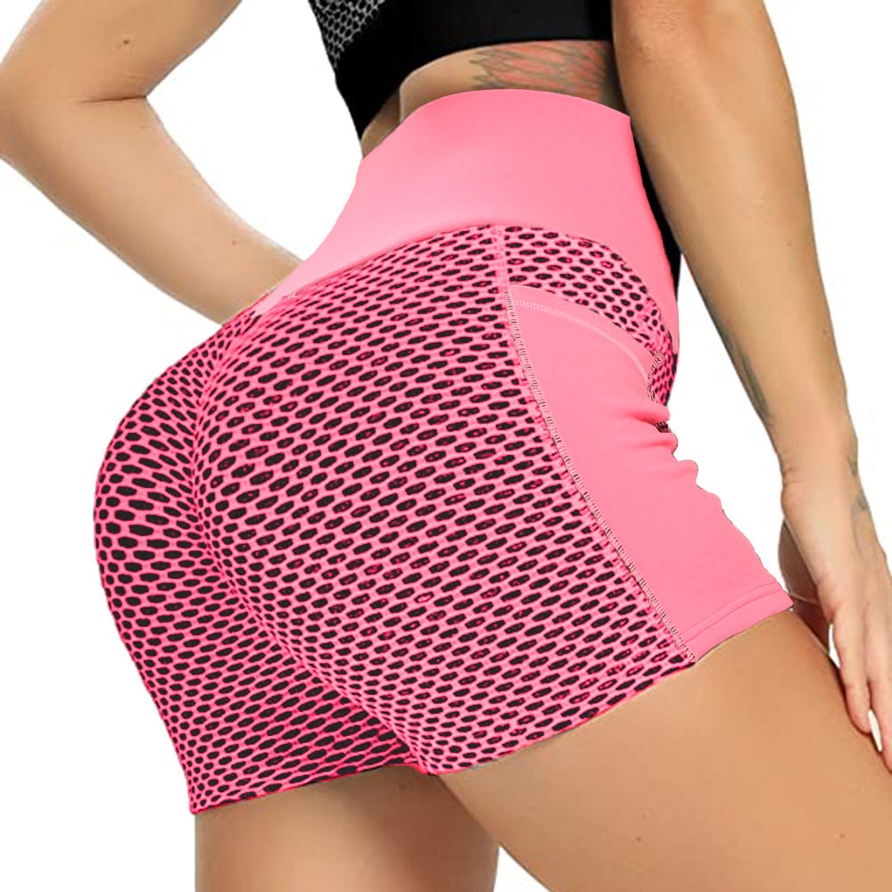 Honeycomb Jacquard Yoga Shorts Women High Waist Side Pockets