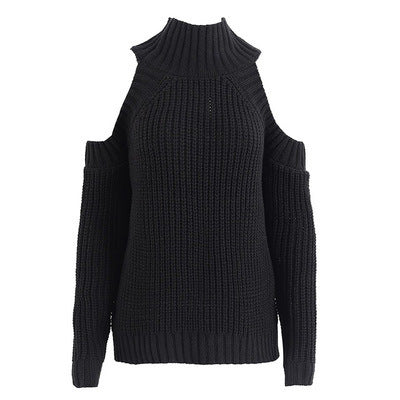 Shoulder Plain Pullover Knitted Sweater For Women