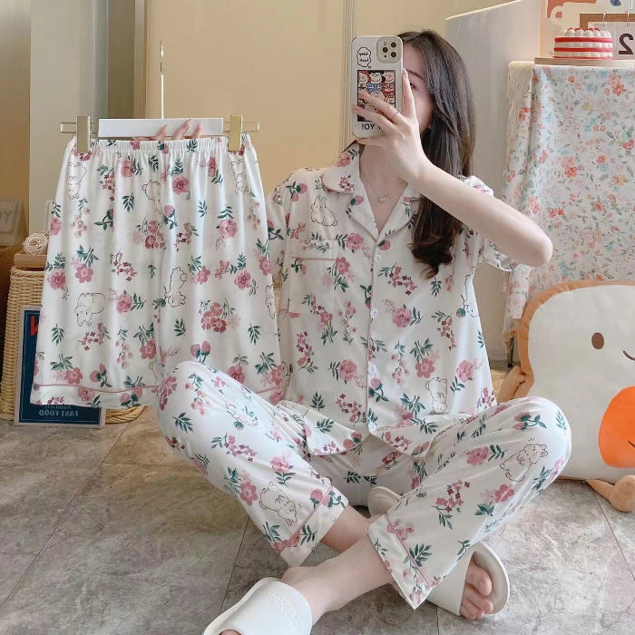 Fruit Pajamas Women's New Summer Thin Short-sleeved Trousers Milk Silk Cute Loungewear Three-piece Suit