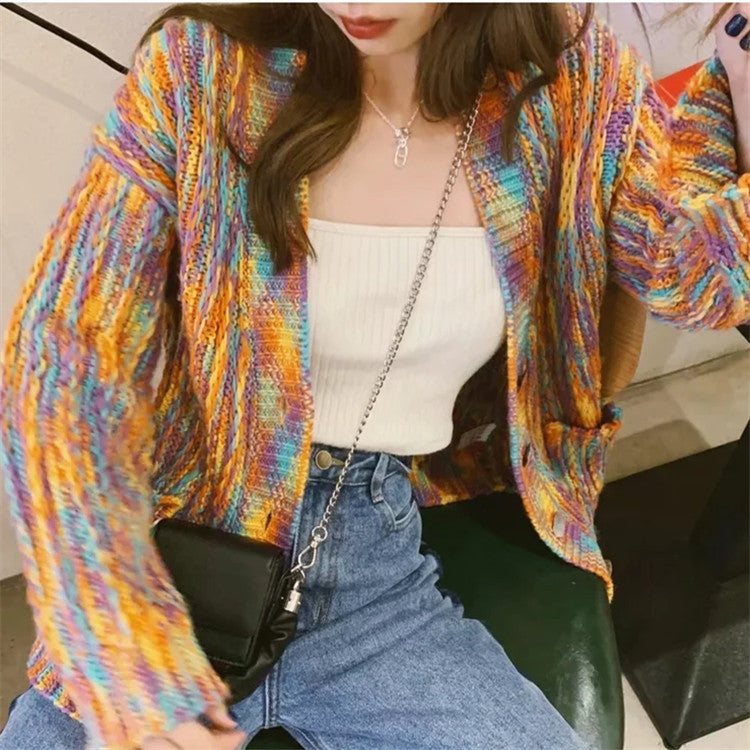 Rainbow Women Sweater Coat Cotton Sping Autumn V Collar