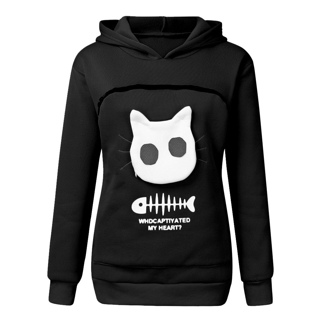 Women Hoodie Sweatshirt With Cat Pet Pocket Design Long Sleeve